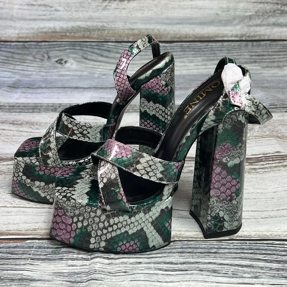 OMINE Women’s Platform 6.5” Heels – Purple/Silver/Green/Black – Size 6